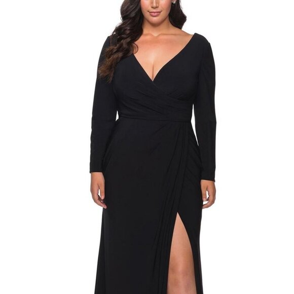 La Femme Black Long Sleeve Faux Wrap Gown - Picture 3 of 3